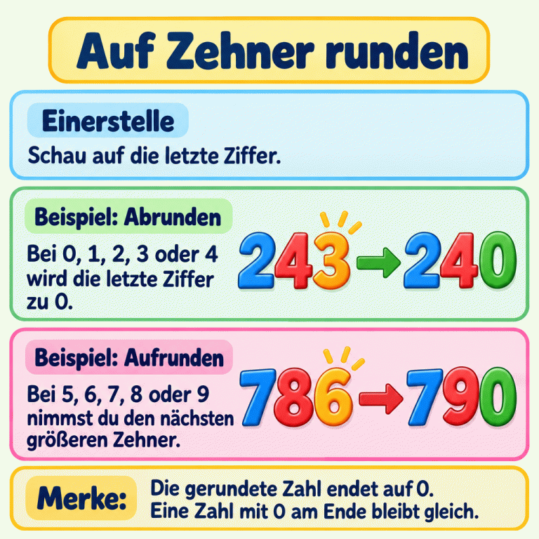 Erklärung zum Runden auf Zehner. Die letzte Ziffer entscheidet. Bei 0 bis 4 wird sie durch 0 ersetzt: Im Beispiel wird 243 zu 240. Bei 5 bis 9 nimmt man den nächsten größeren Zehner: Im Beispiel wird 786 zu 790. Das Ergebnis endet auf 0. Zahlen, die schon auf 0 enden, bleiben gleich. Auf Zehner runden Einerstelle: Schau auf die letzte Ziffer. Beispiel: Abrunden: Bei 0, 1, 2, 3 oder 4 wird die letzte Ziffer zu 0. Beispiel: Aufrunden: Bei 5, 6, 7, 8 oder 9 nimmst du den nächsten größeren Zehner. Die gerundete Zahl endet auf 0. Eine Zahl mit 0 am Ende bleibt gleich. 243 240 786 790 Merke:
