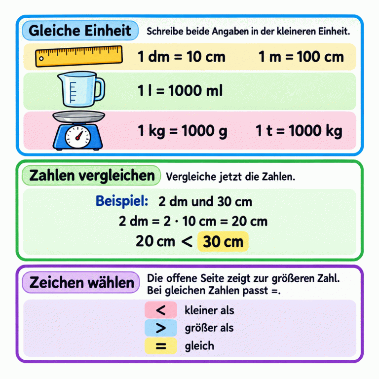 Drei Schritte zum Vergleichen von Größen: Beide Angaben in der kleineren Einheit schreiben, die Zahlen vergleichen und das passende Zeichen wählen. Ein Lineal begleitet die Regeln 1 dm = 10 cm und 1 m = 100 cm. Beim Messbecher steht 1 l = 1000 ml, bei der Waage stehen 1 kg = 1000 g und 1 t = 1000 kg. Im gekennzeichneten Beispiel werden 2 dm als zweimal 10 cm in 20 cm umgerechnet. Danach gilt 20 cm < 30 cm. Die offene Seite des Zeichens zeigt zur größeren Zahl. Die Legende erklärt: < bedeutet kleiner als, > bedeutet größer als und = bedeutet gleich. Gleiche Einheit: Schreibe beide Angaben in der kleineren Einheit. Zahlen vergleichen: Vergleiche jetzt die Zahlen. Zeichen wählen: Die offene Seite zeigt zur größeren Zahl. Bei gleichen Zahlen passt =. 1 dm = 10 cm 1 m = 100 cm 1 l = 1000 ml 1 kg = 1000 g 1 t = 1000 kg Beispiel: 2 dm und 30 cm 2 dm = 2 · 10 cm = 20 cm 20 cm < 30 cm < kleiner als > größer als = gleich
