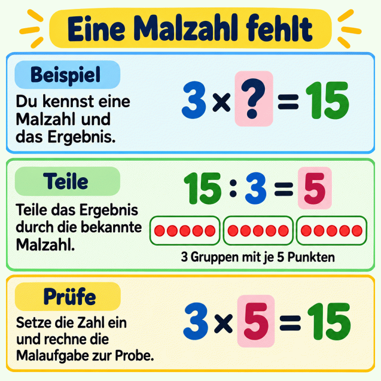 Mit einer Geteiltaufgabe findest du eine fehlende Malzahl. Das Beispiel zeigt 3 mal Fragezeichen gleich 15, dann 15 geteilt durch 3 gleich 5. Dazu sind drei Gruppen mit je fünf Punkten zu sehen. Die Probe lautet 3 mal 5 gleich 15. Eine Malzahl fehlt Beispiel: Du kennst eine Malzahl und das Ergebnis. Teile: Teile das Ergebnis durch die bekannte Malzahl. Prüfe: Setze die Zahl ein und rechne die Malaufgabe zur Probe. 3 × ? = 15 15 : 3 = 5 3 Gruppen mit je 5 Punkten 3 × 5 = 15