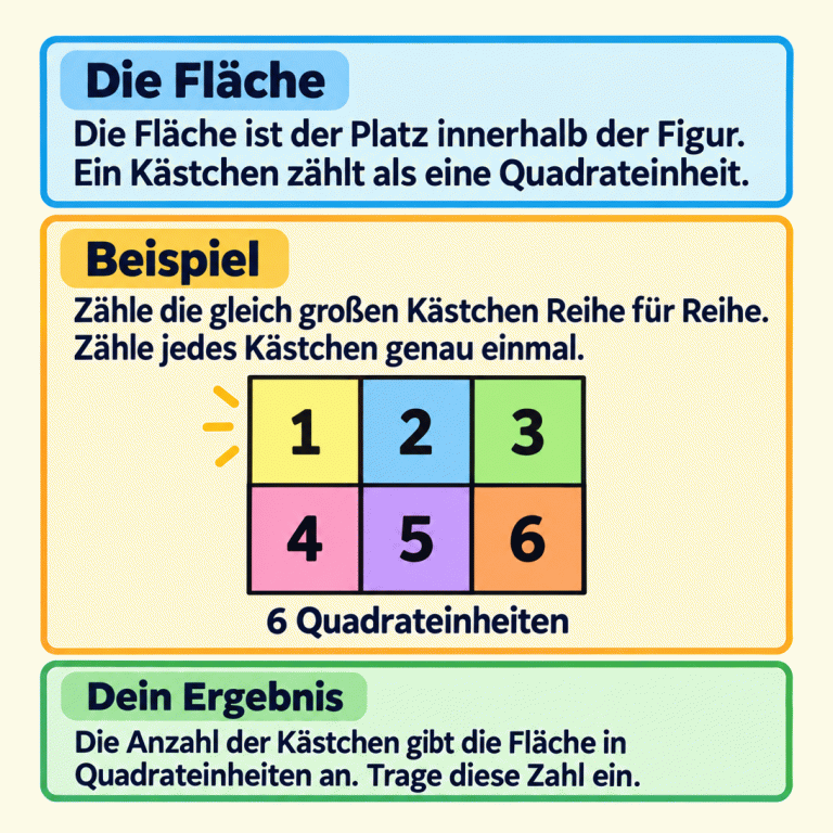 Ein Beispielrechteck besteht aus sechs gleich großen quadratischen Kästchen: zwei Reihen mit je drei Kästchen. Die Zählzahlen laufen reihenweise von 1 bis 6. Die Fläche des Beispiels beträgt 6 Quadrateinheiten. Die Anleitung erklärt, dass jedes Kästchen genau einmal gezählt und die Gesamtzahl eingetragen wird. Die Fläche: Die Fläche ist der Platz innerhalb der Figur. Ein Kästchen zählt als eine Quadrateinheit. Beispiel: Zähle die gleich großen Kästchen Reihe für Reihe. Zähle jedes Kästchen genau einmal. Dein Ergebnis: Die Anzahl der Kästchen gibt die Fläche in Quadrateinheiten an. Trage diese Zahl ein. 1 2 3 4 5 6 6 Quadrateinheiten