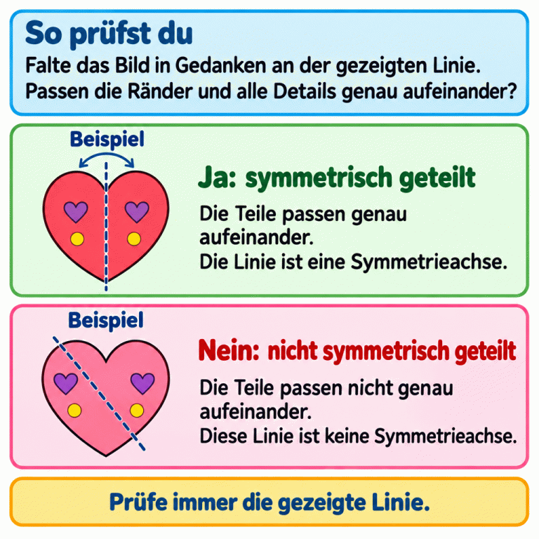 Eine Erklärung zum Falten in Gedanken mit zwei Herzbeispielen. Beim ersten Herz passen Ränder und innere Details an der Linie durch Einzug und Spitze genau aufeinander: Ja, symmetrisch geteilt. Beim zweiten Herz verläuft die Linie schräg; die Teile passen daran nicht aufeinander: Nein, nicht symmetrisch geteilt. Entscheidend ist immer die gezeigte Linie. So prüfst du: Falte das Bild in Gedanken an der gezeigten Linie. Passen die Ränder und alle Details genau aufeinander? Ja: symmetrisch geteilt: Die Teile passen genau aufeinander. Die Linie ist eine Symmetrieachse. Nein: nicht symmetrisch geteilt: Die Teile passen nicht genau aufeinander. Diese Linie ist keine Symmetrieachse. Prüfe immer die gezeigte Linie. Beispiel