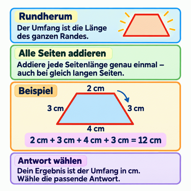 Der Umfang ist die Länge des ganzen Randes. Ein als Beispiel gekennzeichnetes Viereck hat die Seitenlängen 2 cm, 3 cm, 4 cm und 3 cm. Die Rechnung lautet: 2 cm + 3 cm + 4 cm + 3 cm = 12 cm. Jede Seite wird genau einmal mitgerechnet, auch bei gleichen Längen. Anschließend wird die passende Antwort in cm gewählt. Rundherum: Der Umfang ist die Länge des ganzen Randes. Alle Seiten addieren: Addiere jede Seitenlänge genau einmal – auch bei gleich langen Seiten. Antwort wählen: Dein Ergebnis ist der Umfang in cm. Wähle die passende Antwort. Beispiel 2 cm 3 cm 4 cm 2 cm + 3 cm + 4 cm + 3 cm = 12 cm