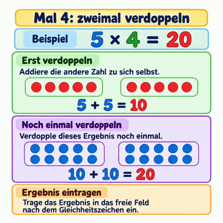 Mal 4 heißt: zweimal verdoppeln. Das Lehrbeispiel ist 5 × 4 = 20. Zuerst zeigen zwei Gruppen mit je fünf Punkten: 5 + 5 = 10. Danach zeigen zwei Gruppen mit je zehn Punkten: 10 + 10 = 20. Das fertige Ergebnis wird in das freie Feld nach dem Gleichheitszeichen eingetragen. Mal 4: zweimal verdoppeln Erst verdoppeln: Addiere die andere Zahl zu sich selbst. Noch einmal verdoppeln: Verdopple dieses Ergebnis noch einmal. Ergebnis eintragen: Trage das Ergebnis in das freie Feld nach dem Gleichheitszeichen ein. Beispiel 5 × 4 = 20 5 + 5 = 10 10 + 10 = 20