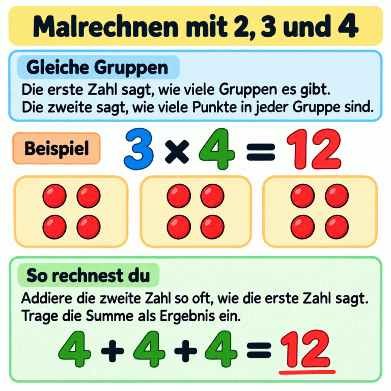 Malrechnen mit 2, 3 und 4: Die erste Zahl gibt die Anzahl der Gruppen an, die zweite die Punkte je Gruppe. Das Lehrbeispiel zeigt drei Gruppen mit je vier Punkten. Drei mal vier ist zwölf. Dazu passt vier plus vier plus vier gleich zwölf. Die Summe wird als Ergebnis der Malaufgabe eingetragen. Malrechnen mit 2, 3 und 4 Gleiche Gruppen: Die erste Zahl sagt, wie viele Gruppen es gibt. Die zweite sagt, wie viele Punkte in jeder Gruppe sind. So rechnest du: Addiere die zweite Zahl so oft, wie die erste Zahl sagt. Trage die Summe als Ergebnis ein. Beispiel 3 × 4 = 12 4 + 4 + 4 = 12