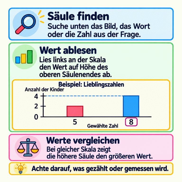 Ein Beispieldiagramm zu Lieblingszahlen: 2 Kinder haben die Zahl 5 gewählt, 4 Kinder die Zahl 8. Die Skala links zeigt 0, 2 und 4. Die Kategorie 8 und die Ablesehöhe 4 sind markiert. Drei kurze Texte erklären, wie du die passende Säule findest, ihren Wert abliest und Werte an derselben Skala vergleichst. Ein Merksatz erinnert daran, was gezählt oder gemessen wird. Säule finden: Suche unten das Bild, das Wort oder die Zahl aus der Frage. Wert ablesen: Lies links an der Skala den Wert auf Höhe des oberen Säulenendes ab. Werte vergleichen: Bei gleicher Skala zeigt die höhere Säule den größeren Wert. Achte darauf, was gezählt oder gemessen wird. Beispiel: Lieblingszahlen Anzahl der Kinder Gewählte Zahl 2 4 5 8