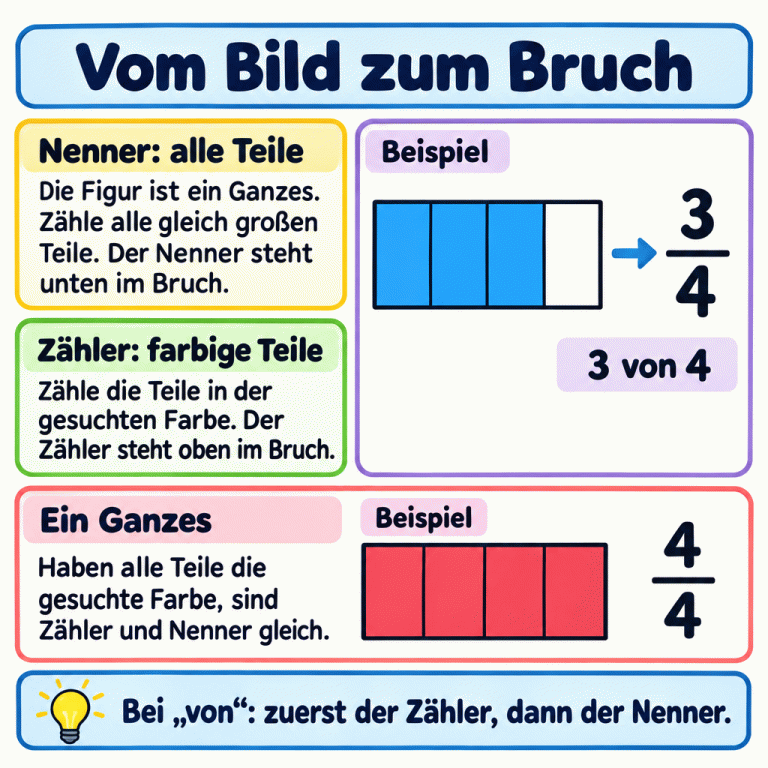 Zwei gekennzeichnete Beispiele zeigen jeweils ein Ganzes aus vier gleich großen Teilen. Drei markierte Teile ergeben den Bruch mit 3 oben und 4 unten sowie die Angabe „3 von 4“. Sind alle vier Teile markiert, steht 4 oben und 4 unten: ein Ganzes. Alle Teile bestimmen den Nenner unten, die Teile in der gesuchten Farbe den Zähler oben. Bei „von“ wird zuerst der Zähler und dann der Nenner eingetragen. Vom Bild zum Bruch Nenner: alle Teile: Die Figur ist ein Ganzes. Zähle alle gleich großen Teile. Der Nenner steht unten im Bruch. Zähler: farbige Teile: Zähle die Teile in der gesuchten Farbe. Der Zähler steht oben im Bruch. Ein Ganzes: Haben alle Teile die gesuchte Farbe, sind Zähler und Nenner gleich. Bei „von“: zuerst der Zähler, dann der Nenner. Beispiel 3 4 von