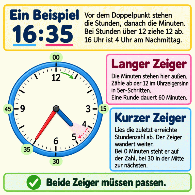 Das Beispiel 16:35 bedeutet 4 Uhr und 35 Minuten am Nachmittag. Auf der Uhr zeigt der lange Zeiger zur Minutenmarke 35. Der kurze steht etwas hinter der Mitte zwischen 4 und 5. Außen helfen die Minutenwerte 00, 15, 30, 35 und 45 beim Ablesen. Die Anleitung erklärt: Stunden stehen vor dem Doppelpunkt, Minuten danach. Bei Stunden über 12 ziehst du 12 ab. Zähle die Minuten ab der 12 im Uhrzeigersinn in 5er-Schritten; eine Runde dauert 60 Minuten. Lies beim kurzen Zeiger die zuletzt erreichte Stundenzahl ab. Beide Zeiger müssen zur gesuchten Zeit passen. Ein Beispiel: Vor dem Doppelpunkt stehen die Stunden, danach die Minuten. Bei Stunden über 12 ziehe 12 ab. 16 Uhr ist 4 Uhr am Nachmittag. Langer Zeiger: Die Minuten stehen hier außen. Zähle ab der 12 im Uhrzeigersinn in 5er-Schritten. Eine Runde dauert 60 Minuten. Kurzer Zeiger: Lies die zuletzt erreichte Stundenzahl ab. Der Zeiger wandert weiter. Bei 0 Minuten steht er auf der Zahl, bei 30 in der Mitte zur nächsten. Beide Zeiger müssen passen. 16:35 12 3 4 5 6 9 00 15 30 35 45 ✓