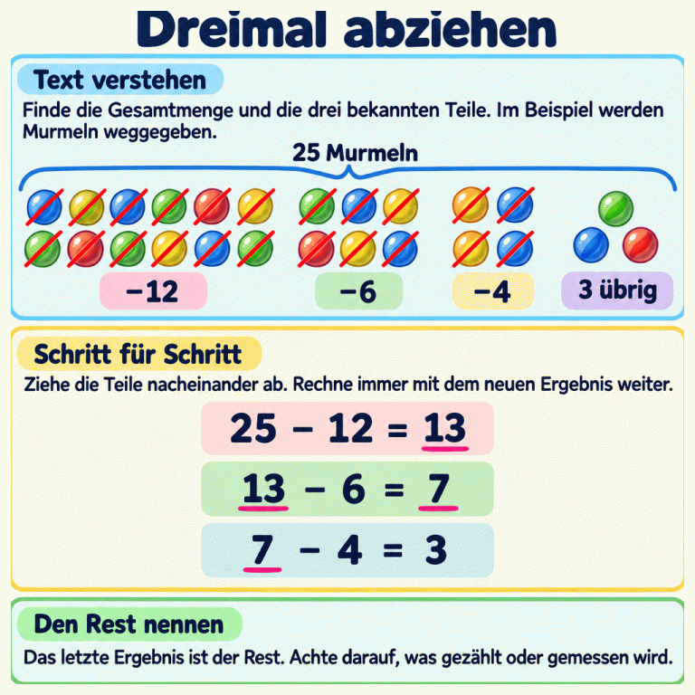 Dreimal abziehen: Finde im Text die Gesamtmenge und die drei bekannten Teile. Im Beispiel gibt es anfangs 25 Murmeln. Davon werden 12, dann 6 und dann 4 weggegeben. Du rechnest nacheinander: 25 minus 12 ergibt 13. 13 minus 6 ergibt 7. 7 minus 4 ergibt 3. Rechne immer mit dem neuen Ergebnis weiter. Drei Murmeln bleiben übrig. Das letzte Ergebnis ist der gesuchte Rest. Achte darauf, was gezählt oder gemessen wird. Dreimal abziehen Text verstehen: Finde die Gesamtmenge und die drei bekannten Teile. Im Beispiel werden Murmeln weggegeben. Schritt für Schritt: Ziehe die Teile nacheinander ab. Rechne immer mit dem neuen Ergebnis weiter. Den Rest nennen: Das letzte Ergebnis ist der Rest. Achte darauf, was gezählt oder gemessen wird. 25 Murmeln −12 −6 −4 3 übrig 25 − 12 = 13 13 − 6 = 7 7 − 4 = 3