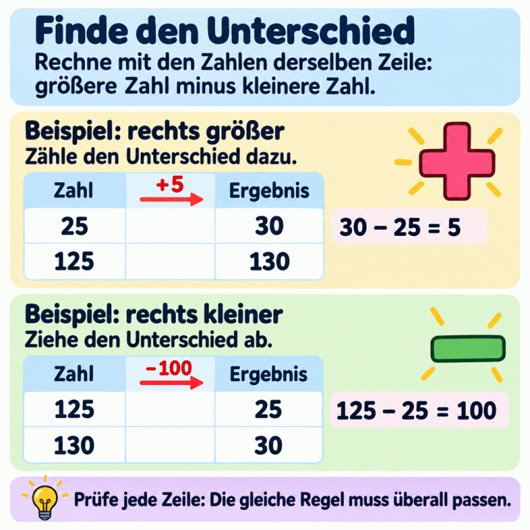 Vergleiche die beiden Zahlen derselben Tabellenzeile. Im Plus-Beispiel werden 25 zu 30 und 125 zu 130: jeweils plus 5. 30 minus 25 ergibt 5. Im Minus-Beispiel werden 125 zu 25 und 130 zu 30: jeweils minus 100. 125 minus 25 ergibt 100. Die gleiche Regel muss in jeder Zeile passen. Finde den Unterschied: Rechne mit den Zahlen derselben Zeile: größere Zahl minus kleinere Zahl. Beispiel: rechts größer: Zähle den Unterschied dazu. Beispiel: rechts kleiner: Ziehe den Unterschied ab. Prüfe jede Zeile: Die gleiche Regel muss überall passen. Zahl Ergebnis 25 30 125 130 +5 −100 30 − 25 = 5 125 − 25 = 100 + −