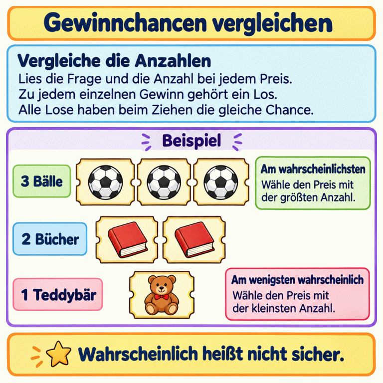 Eine Beispiel-Lotterie zeigt drei Balllose, zwei Buchlose und ein Teddybärlos. Jedes Los hat beim Ziehen die gleiche Chance. Für „am wahrscheinlichsten“ wählst du die größte Anzahl, für „am wenigsten wahrscheinlich“ die kleinste. Wahrscheinlich heißt nicht sicher. Gewinnchancen vergleichen Vergleiche die Anzahlen: Lies die Frage und die Anzahl bei jedem Preis. Zu jedem einzelnen Gewinn gehört ein Los. Alle Lose haben beim Ziehen die gleiche Chance. Am wahrscheinlichsten: Wähle den Preis mit der größten Anzahl. Am wenigsten wahrscheinlich: Wähle den Preis mit der kleinsten Anzahl. Wahrscheinlich heißt nicht sicher. Beispiel 3 Bälle 2 Bücher 1 Teddybär