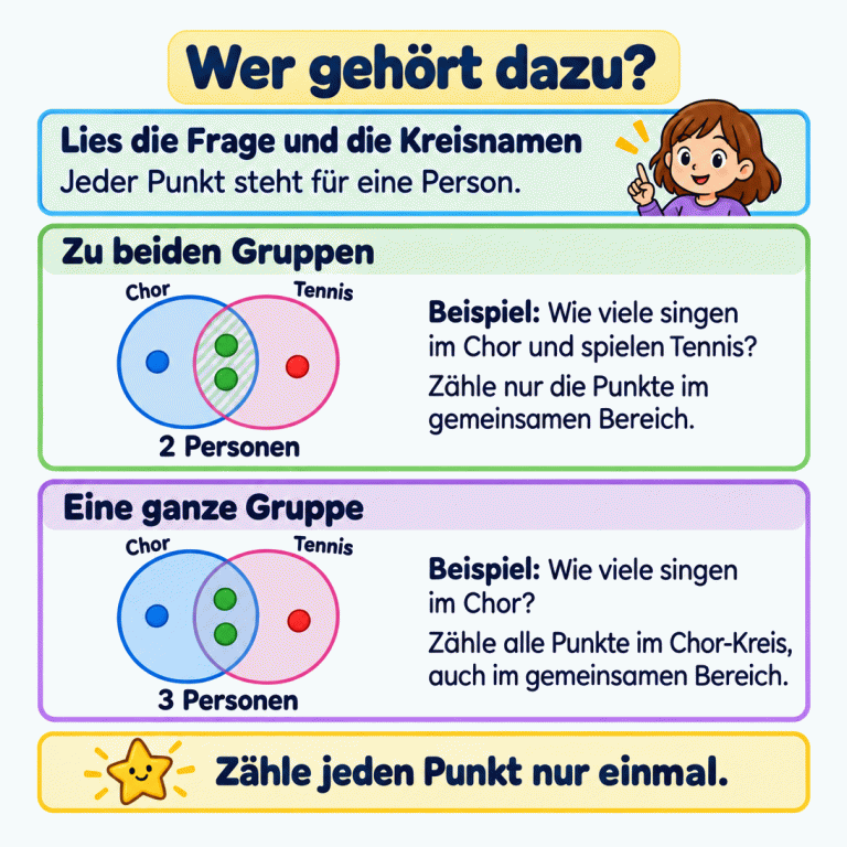Zwei Fragefälle mit überlappenden Kreisen für Chor und Tennis. Jeder Punkt steht für eine Person. Zwei Punkte liegen in beiden Kreisen, ein weiterer nur im Chor-Kreis. Für Personen, die im Chor singen und Tennis spielen, werden die zwei gemeinsamen Punkte gezählt. Für alle Personen im Chor werden drei Punkte gezählt, einschließlich der zwei gemeinsamen Punkte. Jeder Punkt zählt nur einmal. Wer gehört dazu? Lies die Frage und die Kreisnamen: Jeder Punkt steht für eine Person. Zu beiden Gruppen: Beispiel: Wie viele singen im Chor und spielen Tennis? Zähle nur die Punkte im gemeinsamen Bereich. Eine ganze Gruppe: Beispiel: Wie viele singen im Chor? Zähle alle Punkte im Chor-Kreis, auch im gemeinsamen Bereich. Zähle jeden Punkt nur einmal. Chor Tennis 2 Personen 3 Personen