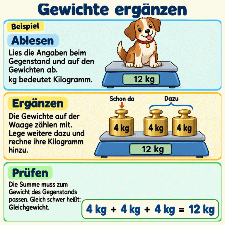 Ein Beispiel zeigt einen Hund mit 12 kg auf einer digitalen Waage. Auf einer zweiten Waage stehen drei Gewichte zu je 4 kg: eines war schon da, zwei werden ergänzt. Beide Anzeigen zeigen 12 kg. Die Rechnung 4 kg + 4 kg + 4 kg = 12 kg veranschaulicht das Gleichgewicht. Gewichte ergänzen Ablesen: Lies die Angaben beim Gegenstand und auf den Gewichten ab. kg bedeutet Kilogramm. Ergänzen: Die Gewichte auf der Waage zählen mit. Lege weitere dazu und rechne ihre Kilogramm hinzu. Prüfen: Die Summe muss zum Gewicht des Gegenstands passen. Gleich schwer heißt: Gleichgewicht. Beispiel 12 kg 4 kg Schon da Dazu + =
