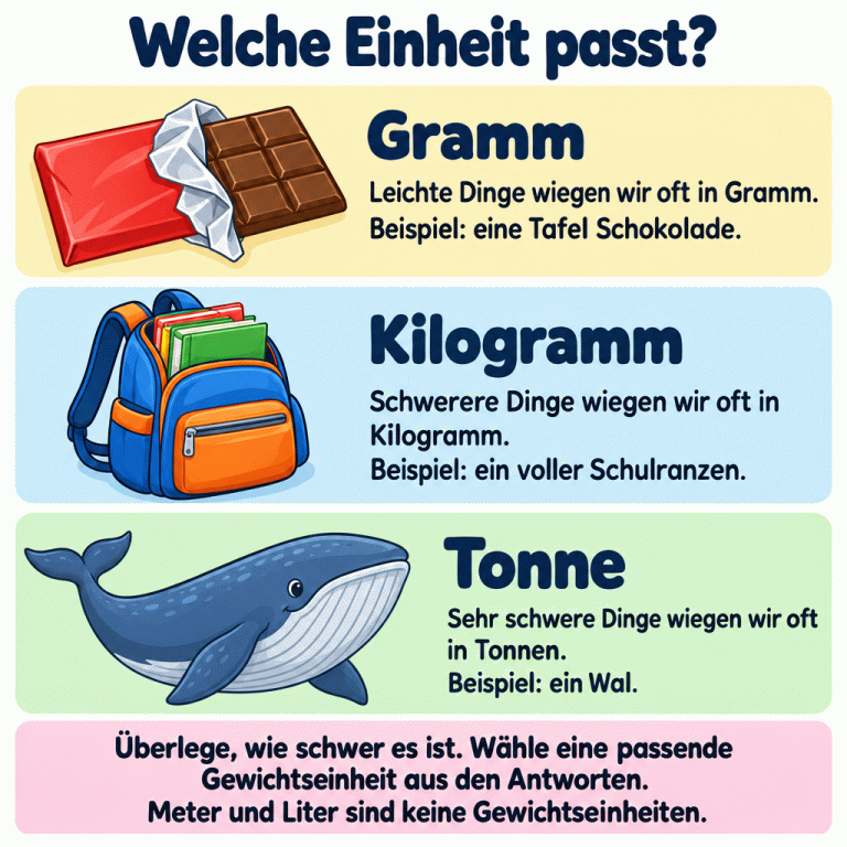 Drei Beispiele für Gewichtseinheiten: eine Tafel Schokolade bei Gramm, ein voller Schulranzen bei Kilogramm und ein Wal bei Tonne. Die Beispiele stehen für leichte, schwerere und sehr schwere Dinge. Überlege, wie schwer etwas ist, und wähle eine passende Gewichtseinheit aus den Antworten. Meter und Liter sind keine Gewichtseinheiten. Welche Einheit passt? Gramm: Leichte Dinge wiegen wir oft in Gramm. Beispiel: eine Tafel Schokolade. Kilogramm: Schwerere Dinge wiegen wir oft in Kilogramm. Beispiel: ein voller Schulranzen. Tonne: Sehr schwere Dinge wiegen wir oft in Tonnen. Beispiel: ein Wal. Überlege, wie schwer es ist. Wähle eine passende Gewichtseinheit aus den Antworten. Meter und Liter sind keine Gewichtseinheiten.
