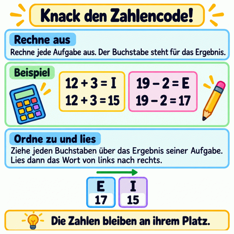 Ein Lehrbeispiel zeigt den Zahlencode: 12 plus 3 ergibt 15; dafür steht der Buchstabe I. 19 minus 2 ergibt 17; dafür steht E. Die vorgegebene Zahlenreihe lautet 17, 15. Über 17 steht E, über 15 steht I. Von links nach rechts liest man EI. Die Zahlen bleiben an ihrem Platz. Knack den Zahlencode! Rechne aus: Rechne jede Aufgabe aus. Der Buchstabe steht für das Ergebnis. Ordne zu und lies: Ziehe jeden Buchstaben über das Ergebnis seiner Aufgabe. Lies dann das Wort von links nach rechts. Die Zahlen bleiben an ihrem Platz. Beispiel 12 + 3 = I 12 + 3 = 15 19 − 2 = E 19 − 2 = 17 E I 17 15