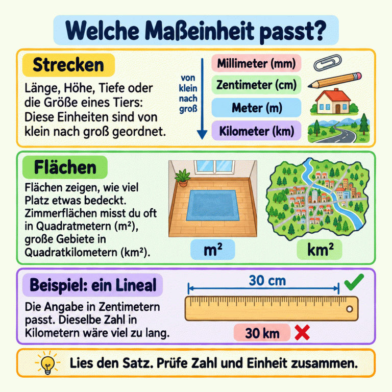 Lernkarte zu passenden Maßeinheiten. Für Strecken wie Länge, Höhe, Tiefe und Tiergröße stehen die Einheiten von klein nach groß: Millimeter, Zentimeter, Meter, Kilometer. Eine Zimmerfläche veranschaulicht Quadratmeter, ein großes Stadtgebiet Quadratkilometer. Im ausdrücklich genannten Lineal-Beispiel passt 30 cm; dieselbe Zahl als 30 km wäre viel zu lang. Lies den Satz und prüfe Zahl und Einheit zusammen. Welche Maßeinheit passt? Strecken: Länge, Höhe, Tiefe oder die Größe eines Tiers: Diese Einheiten sind von klein nach groß geordnet. Flächen: Flächen zeigen, wie viel Platz etwas bedeckt. Zimmerflächen misst du oft in Quadratmetern (m²), große Gebiete in Quadratkilometern (km²). Beispiel: ein Lineal: Die Angabe in Zentimetern passt. Dieselbe Zahl in Kilometern wäre viel zu lang. Lies den Satz. Prüfe Zahl und Einheit zusammen. Millimeter (mm) Zentimeter (cm) Meter (m) Kilometer (km) m² km² 30 cm 30 km von klein nach groß