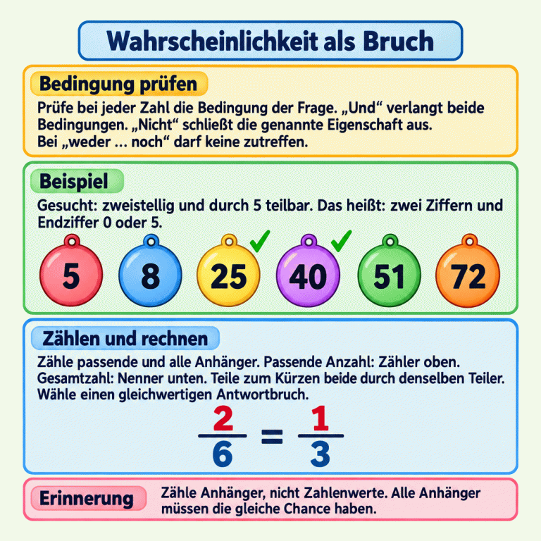 Die Karte erklärt, wie du bei gleicher Auswahlchance eine Wahrscheinlichkeit als Bruch bestimmst: Prüfe die Bedingung der Frage bei jeder Zahl und beachte „und“, „nicht“ sowie „weder … noch“. Im einzigen Lehrbeispiel tragen sechs Anhänger die Zahlen 5, 8, 25, 40, 51 und 72. Gesucht sind zweistellige, durch 5 teilbare Zahlen. Nur 25 und 40 passen und haben jeweils ein Häkchen. Zwei passende von sechs Anhängern ergeben zwei Sechstel, gekürzt ein Drittel. Die passende Anzahl steht oben im Zähler, die Gesamtzahl unten im Nenner. Gezählt werden Anhänger, nicht Zahlenwerte. Wahrscheinlichkeit als Bruch Bedingung prüfen: Prüfe bei jeder Zahl die Bedingung der Frage. „Und“ verlangt beide Bedingungen. „Nicht“ schließt die genannte Eigenschaft aus. Bei „weder … noch“ darf keine zutreffen. Beispiel: Gesucht: zweistellig und durch 5 teilbar. Das heißt: zwei Ziffern und Endziffer 0 oder 5. Zählen und rechnen: Zähle passende und alle Anhänger. Passende Anzahl: Zähler oben. Gesamtzahl: Nenner unten. Teile zum Kürzen beide durch denselben Teiler. Wähle einen gleichwertigen Antwortbruch. Zähle Anhänger, nicht Zahlenwerte. Alle Anhänger müssen die gleiche Chance haben. 5 8 25 40 51 72 2 6 = 1 3 ✓ Erinnerung