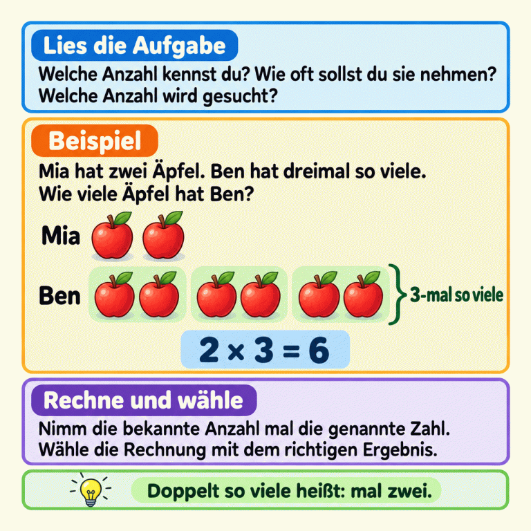 Die Karte erklärt, wie du Mal-Geschichten löst: Finde die bekannte Anzahl, wie oft sie genommen wird und die gesuchte Menge. Im Beispiel hat Mia zwei Äpfel. Ben hat drei Gruppen mit je zwei Äpfeln, also sechs. Zwei mal drei ergibt sechs. Doppelt so viele heißt mal zwei. Wähle die Rechnung mit dem richtigen Ergebnis. Lies die Aufgabe: Welche Anzahl kennst du? Wie oft sollst du sie nehmen? Welche Anzahl wird gesucht? Beispiel: Mia hat zwei Äpfel. Ben hat dreimal so viele. Wie viele Äpfel hat Ben? Rechne und wähle: Nimm die bekannte Anzahl mal die genannte Zahl. Wähle die Rechnung mit dem richtigen Ergebnis. Doppelt so viele heißt: mal zwei. Mia Ben 3-mal so viele 2 × 3 = 6