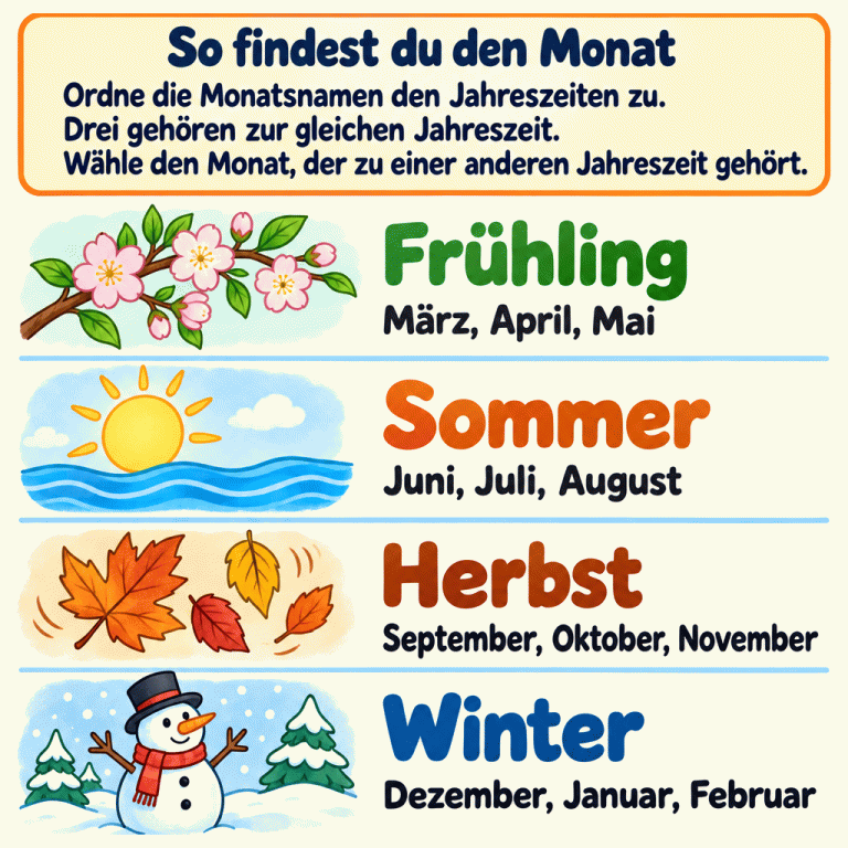 Vier illustrierte Monatsgruppen: Frühling mit März, April und Mai; Sommer mit Juni, Juli und August; Herbst mit September, Oktober und November; Winter mit Dezember, Januar und Februar. Die Anleitung erklärt: Ordne die Monatsnamen den Jahreszeiten zu und wähle den Monat, der nicht zur Jahreszeit der anderen drei gehört. So findest du den Monat: Ordne die Monatsnamen den Jahreszeiten zu. Drei gehören zur gleichen Jahreszeit. Wähle den Monat, der zu einer anderen Jahreszeit gehört. Frühling März, April, Mai Sommer Juni, Juli, August Herbst September, Oktober, November Winter Dezember, Januar, Februar