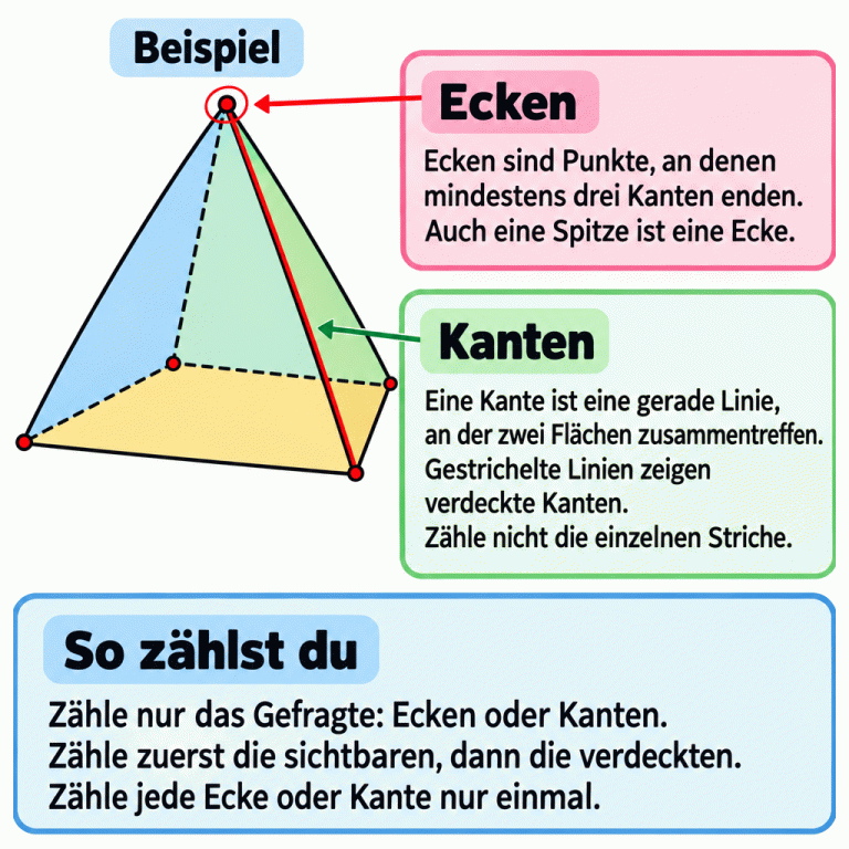 Eine viereckige Pyramide dient als Beispiel. Ihre Spitze ist als Ecke markiert, eine ganze Kante als Grenze zweier Flächen. Verdeckte Kanten sind gestrichelt; auch ein verdeckter Eckpunkt ist erkennbar. Die Anleitung erklärt: Nur Ecken oder nur Kanten zählen, zuerst die sichtbaren, dann die verdeckten, und jedes Element nur einmal. Ecken: Ecken sind Punkte, an denen mindestens drei Kanten enden. Auch eine Spitze ist eine Ecke. Kanten: Eine Kante ist eine gerade Linie, an der zwei Flächen zusammentreffen. Gestrichelte Linien zeigen verdeckte Kanten. Zähle nicht die einzelnen Striche. So zählst du: Zähle nur das Gefragte: Ecken oder Kanten. Zähle zuerst die sichtbaren, dann die verdeckten. Zähle jede Ecke oder Kante nur einmal. Beispiel