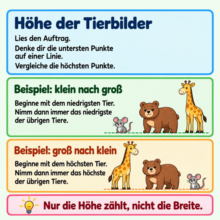 Zwei Lehrbeispiele zeigen Tierbilder mit gemeinsam ausgerichteten unteren Enden. Oben folgen eine niedrige Maus, ein mittelhoher breiter Bär und eine hohe schlanke Giraffe von klein nach groß. Darunter ist die Höhenfolge umgekehrt. Die Anleitung erklärt, jeweils das niedrigste oder höchste noch übrige Tier auszuwählen. Nur die Höhe zählt, nicht die Breite. Höhe der Tierbilder: Lies den Auftrag. Denke dir die untersten Punkte auf einer Linie. Vergleiche die höchsten Punkte. Beispiel: klein nach groß: Beginne mit dem niedrigsten Tier. Nimm dann immer das niedrigste der übrigen Tiere. Beispiel: groß nach klein: Beginne mit dem höchsten Tier. Nimm dann immer das höchste der übrigen Tiere. Nur die Höhe zählt, nicht die Breite.