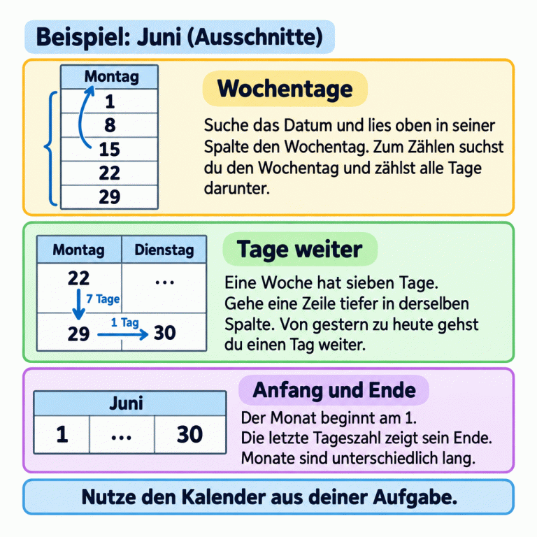 Drei Ausschnitte aus einem Juni-Beispiel. Unter Montag stehen die Tageszahlen 1, 8, 15, 22 und 29. Der Spaltenkopf zeigt den Wochentag; die Tage darunter lassen sich zählen. Vom 22. zum 29. geht es in derselben Spalte eine Zeile tiefer: sieben Tage weiter. Vom 29. zum 30. geht es einen Tag weiter. Ein Tagesstreifen zeigt 1 als Monatsanfang und 30 als Monatsende, mit ausgelassenen Tagen dazwischen. Für die Aufgabe wird immer ihr eigener Kalender verwendet. Wochentage: Suche das Datum und lies oben in seiner Spalte den Wochentag. Zum Zählen suchst du den Wochentag und zählst alle Tage darunter. Tage weiter: Eine Woche hat sieben Tage. Gehe eine Zeile tiefer in derselben Spalte. Von gestern zu heute gehst du einen Tag weiter. Anfang und Ende: Der Monat beginnt am 1. Die letzte Tageszahl zeigt sein Ende. Monate sind unterschiedlich lang. Nutze den Kalender aus deiner Aufgabe. Beispiel: Juni (Ausschnitte) Montag Dienstag 1 8 15 22 29 30 7 Tage 1 Tag … Juni