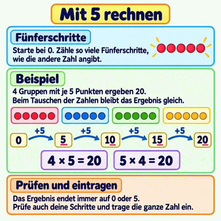 Beim Rechnen mit fünf startest du bei null und zählst so viele Fünferschritte, wie die andere Zahl angibt. Das Beispiel zeigt vier Gruppen mit je fünf Punkten. Die Zählspur führt von null über fünf, zehn und fünfzehn zu zwanzig. Vier mal fünf und fünf mal vier ergeben beide zwanzig. Die letzte Ziffer eines Ergebnisses beim Malnehmen mit fünf ist immer null oder fünf. Prüfe auch deine Schritte und trage die ganze Zahl ein. Mit 5 rechnen Fünferschritte: Starte bei 0. Zähle so viele Fünferschritte, wie die andere Zahl angibt. Beispiel: 4 Gruppen mit je 5 Punkten ergeben 20. Beim Tauschen der Zahlen bleibt das Ergebnis gleich. Prüfen und eintragen: Das Ergebnis endet immer auf 0 oder 5. Prüfe auch deine Schritte und trage die ganze Zahl ein. 5 10 15 20 +5 4 × 5 = 20 5 × 4 = 20