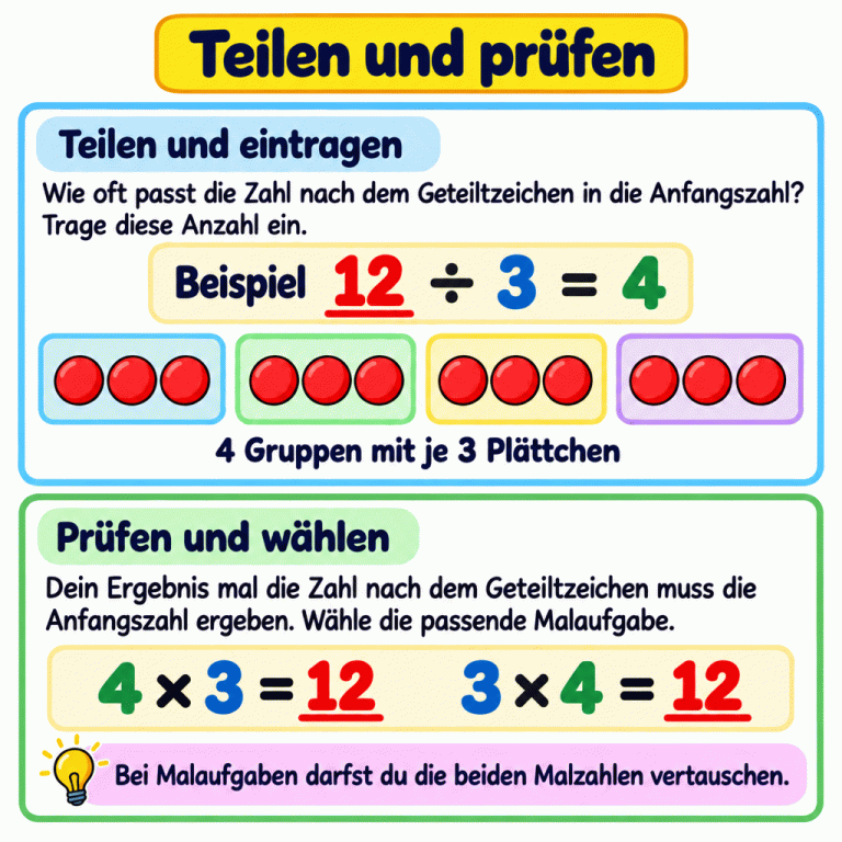 Ein Beispiel zeigt zwölf Plättchen in vier Gruppen mit je drei Plättchen. Dazu stehen 12 ÷ 3 = 4 und die beiden Proben 4 × 3 = 12 sowie 3 × 4 = 12. Die Anleitung erklärt, wie das Divisionsergebnis eingetragen wird: Wie oft passt die Zahl nach dem Geteiltzeichen in die Anfangszahl? Zur Probe werden diese Zahl und das Divisionsergebnis miteinander malgenommen. Es muss wieder die Anfangszahl herauskommen. Die beiden Malzahlen dürfen vertauscht werden. Teilen und prüfen Teilen und eintragen: Wie oft passt die Zahl nach dem Geteiltzeichen in die Anfangszahl? Trage diese Anzahl ein. Prüfen und wählen: Dein Ergebnis mal die Zahl nach dem Geteiltzeichen muss die Anfangszahl ergeben. Wähle die passende Malaufgabe. Bei Malaufgaben darfst du die beiden Malzahlen vertauschen. Beispiel 12 ÷ 3 = 4 4 Gruppen mit je 3 Plättchen 4 × 3 = 12 3 × 4 = 12