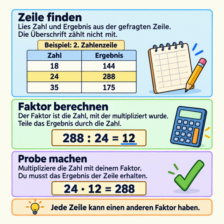 Zähle die Zahlenzeilen ohne die Überschrift und nutze die gefragte Zeile. Die Beispieltabelle enthält von oben nach unten 18 und 144, 24 und 288 sowie 35 und 175. Im Beispiel ist die zweite Zahlenzeile gefragt: 288 geteilt durch 24 ergibt den Faktor 12. Zur Probe ergibt 24 mal 12 wieder 288. Jede Zeile kann einen anderen Faktor haben. Zeile finden: Lies Zahl und Ergebnis aus der gefragten Zeile. Die Überschrift zählt nicht mit. Faktor berechnen: Der Faktor ist die Zahl, mit der multipliziert wurde. Teile das Ergebnis durch die Zahl. Probe machen: Multipliziere die Zahl mit deinem Faktor. Du musst das Ergebnis der Zeile erhalten. Jede Zeile kann einen anderen Faktor haben. Beispiel: 2. Zahlenzeile Zahl Ergebnis 18 144 24 288 35 175 288 : 24 = 12 24 · 12 = 288 ✓