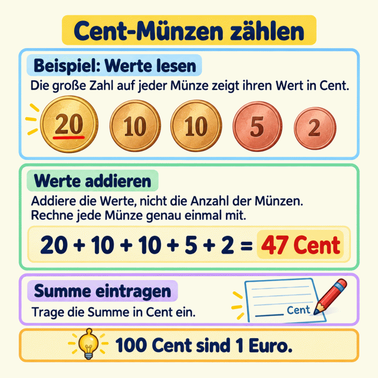 Ein gekennzeichnetes Beispiel zeigt fünf Cent-Münzen mit den Werten 20, 10, 10, 5 und 2. Ihre Werte werden addiert: 20 + 10 + 10 + 5 + 2 = 47 Cent. Die Erklärung fordert dazu auf, jede Münze genau einmal mitzurechnen und die Summe in Cent einzutragen. Der Merksatz lautet: 100 Cent sind 1 Euro. Cent-Münzen zählen Beispiel: Werte lesen: Die große Zahl auf jeder Münze zeigt ihren Wert in Cent. Werte addieren: Addiere die Werte, nicht die Anzahl der Münzen. Rechne jede Münze genau einmal mit. Summe eintragen: Trage die Summe in Cent ein. 100 Cent sind 1 Euro. 20 10 5 2 20 + 10 + 10 + 5 + 2 = 47 Cent Cent