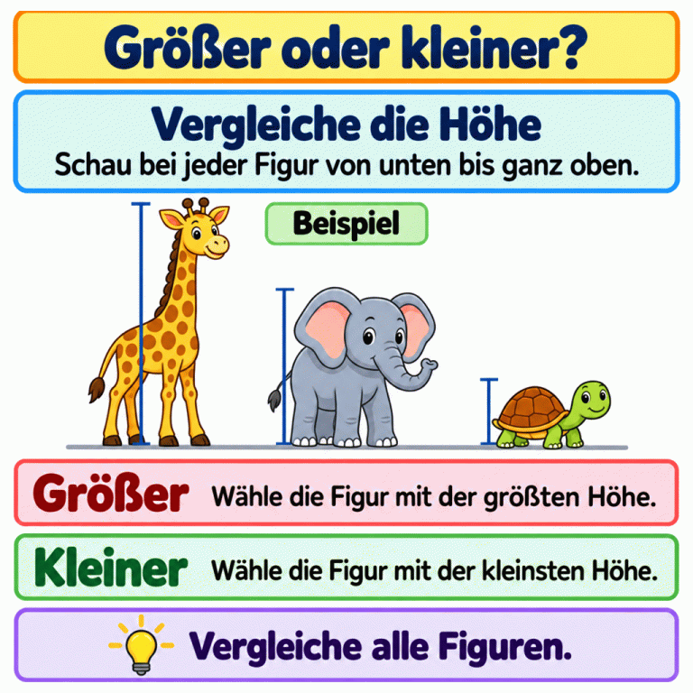 Erklärkarte zum Höhenvergleich. In einer als Beispiel gekennzeichneten Tiergruppe hat die Giraffe die größte Höhe, der Elefant eine mittlere und die Schildkröte die kleinste. Unbeschriftete Linien zeigen die Höhe jedes Tieres von unten bis ganz oben. Bei „größer“ wird die Figur mit der größten Höhe gewählt, bei „kleiner“ die mit der kleinsten. Dafür werden alle Figuren verglichen. Größer oder kleiner? Vergleiche die Höhe: Schau bei jeder Figur von unten bis ganz oben. Größer: Wähle die Figur mit der größten Höhe. Kleiner: Wähle die Figur mit der kleinsten Höhe. Vergleiche alle Figuren. Beispiel