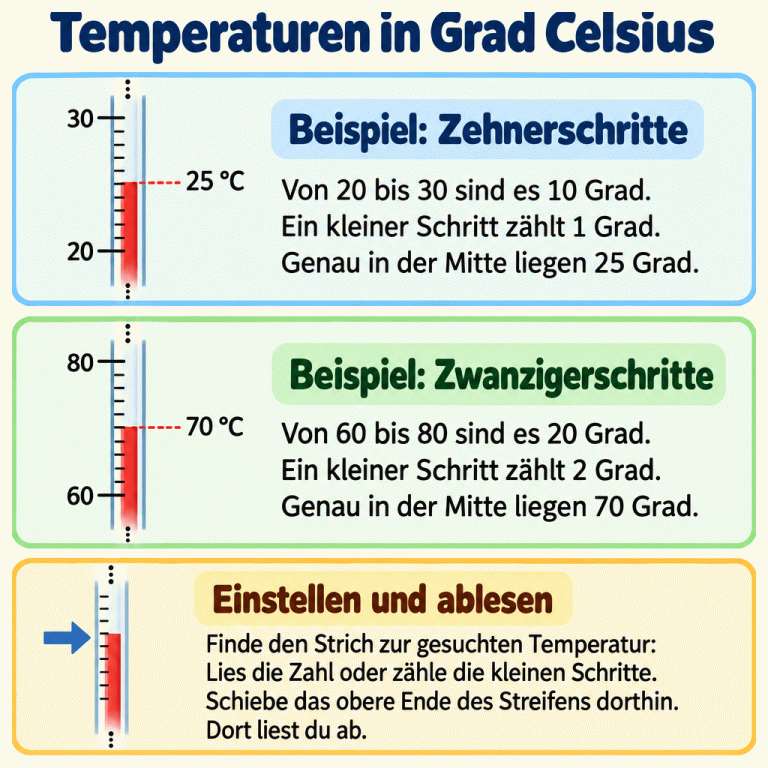 Zwei Lehrbeispiele zeigen Ausschnitte von Thermometerskalen. Zwischen 20 und 30 liegen zehn gleich große Schritte von jeweils 1 Grad. Das obere Streifenende steht genau in der Mitte bei 25 Grad Celsius. Zwischen 60 und 80 liegen zehn Schritte von jeweils 2 Grad. Hier steht das obere Ende in der Mitte bei 70 Grad Celsius. Die Anleitung erklärt: Zahlen und kleine Schritte prüfen, den Strich für die gesuchte Temperatur finden und das obere Streifenende dorthin schieben. An diesem Ende wird die Temperatur abgelesen. Temperaturen in Grad Celsius Beispiel: Zehnerschritte: Von 20 bis 30 sind es 10 Grad. Ein kleiner Schritt zählt 1 Grad. Genau in der Mitte liegen 25 Grad. Beispiel: Zwanzigerschritte: Von 60 bis 80 sind es 20 Grad. Ein kleiner Schritt zählt 2 Grad. Genau in der Mitte liegen 70 Grad. Einstellen und ablesen: Finde den Strich zur gesuchten Temperatur: Lies die Zahl oder zähle die kleinen Schritte. Schiebe das obere Ende des Streifens dorthin. Dort liest du ab. 20 30 25 °C 60 80 70 °C