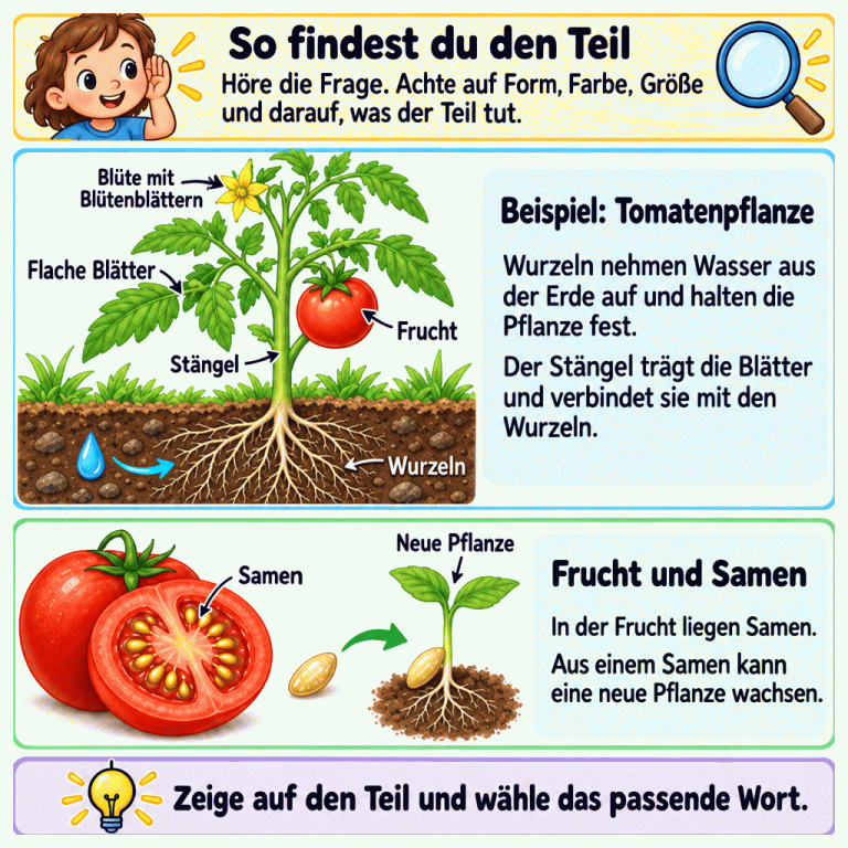 Eine beschriftete Tomatenpflanze zeigt Wurzeln in der Erde, einen Stängel, flache Blätter, eine Blüte mit Blütenblättern und eine Frucht. Wurzeln nehmen Wasser auf und halten die Pflanze fest. Der Stängel trägt die Blätter und verbindet sie mit den Wurzeln. Eine geöffnete Tomate zeigt Samen im Inneren. Eine kleine Zusatzzeichnung zeigt, wie aus einem Samen eine neue Pflanze wachsen kann. Die Anleitung fordert dazu auf, die Frage zu hören, Form, Farbe, Größe und die Aufgabe des Teils zu beachten und das passende Wort zu wählen. So findest du den Teil: Höre die Frage. Achte auf Form, Farbe, Größe und darauf, was der Teil tut. Beispiel: Tomatenpflanze: Wurzeln nehmen Wasser aus der Erde auf und halten die Pflanze fest. Der Stängel trägt die Blätter und verbindet sie mit den Wurzeln. Frucht und Samen: In der Frucht liegen Samen. Aus einem Samen kann eine neue Pflanze wachsen. Zeige auf den Teil und wähle das passende Wort. Wurzeln Stängel Flache Blätter Blüte mit Blütenblättern Frucht Samen Neue Pflanze