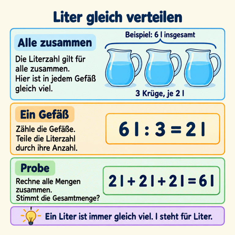 Lehrbeispiel: Drei Krüge enthalten zusammen sechs Liter, jeder Krug zwei Liter. Zähle die Gefäße und teile die Gesamtmenge durch ihre Anzahl. Zur Probe werden die drei Mengen von je zwei Litern wieder zu sechs Litern zusammengerechnet. l steht für Liter; ein Liter ist immer gleich viel. Liter gleich verteilen Alle zusammen: Die Literzahl gilt für alle zusammen. Hier ist in jedem Gefäß gleich viel. Ein Gefäß: Zähle die Gefäße. Teile die Literzahl durch ihre Anzahl. Probe: Rechne alle Mengen zusammen. Stimmt die Gesamtmenge? Ein Liter ist immer gleich viel. l steht für Liter. Beispiel: 6 l insgesamt 3 Krüge, je 2 l 6 l : 3 = 2 l 2 l + 2 l + 2 l = 6 l