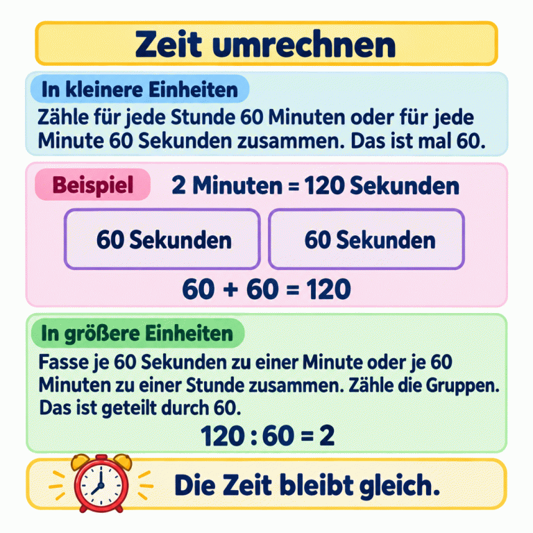 Zeit umrechnen. Für jede Stunde zählst du 60 Minuten, für jede Minute 60 Sekunden zusammen. Beispiel: Zwei Gruppen mit je 60 Sekunden ergeben 120 Sekunden, also 2 Minuten. Zurück zählst du die Gruppen: 120 geteilt durch 60 ist 2. Je 60 Sekunden ergeben eine Minute, je 60 Minuten eine Stunde. Die Zeit bleibt gleich. Zeit umrechnen In kleinere Einheiten: Zähle für jede Stunde 60 Minuten oder für jede Minute 60 Sekunden zusammen. Das ist mal 60. In größere Einheiten: Fasse je 60 Sekunden zu einer Minute oder je 60 Minuten zu einer Stunde zusammen. Zähle die Gruppen. Das ist geteilt durch 60. Die Zeit bleibt gleich. Beispiel 2 Minuten = 120 Sekunden 60 Sekunden 60 + 60 = 120 120 : 60 = 2