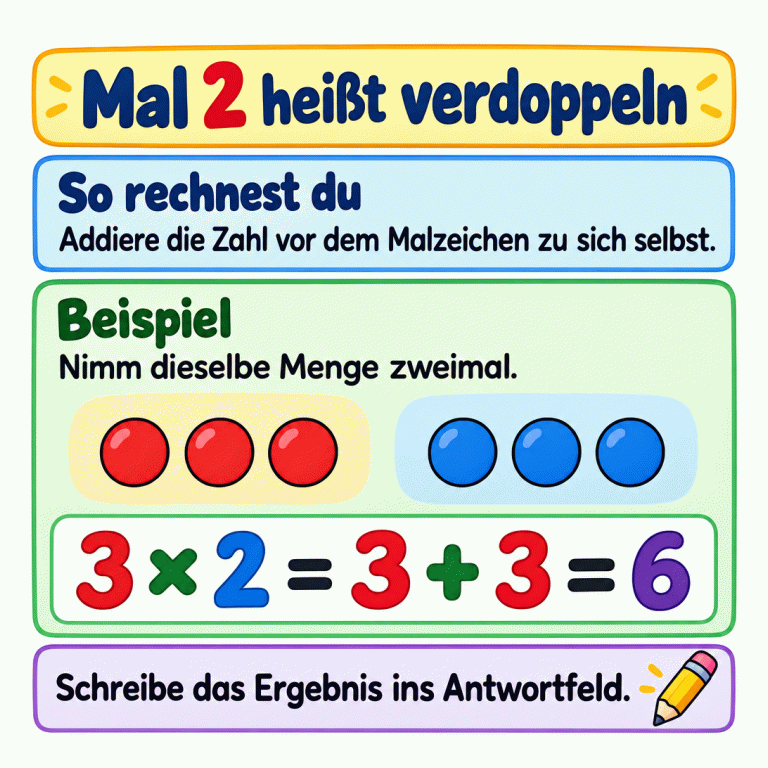 Mal zwei heißt verdoppeln. Addiere die Zahl vor dem Malzeichen zu sich selbst. Das Beispiel zeigt zwei Gruppen mit je drei Punkten: Drei mal zwei ist gleich drei plus drei, also sechs. Schreibe das Ergebnis ins Antwortfeld. Mal 2 heißt verdoppeln So rechnest du: Addiere die Zahl vor dem Malzeichen zu sich selbst. Beispiel: Nimm dieselbe Menge zweimal. Schreibe das Ergebnis ins Antwortfeld. 3 × 2 = 3 + 3 = 6