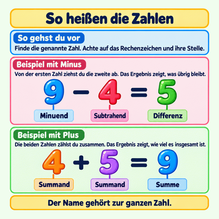 Finde die genannte Zahl und achte auf das Rechenzeichen und ihre Stelle. Im Minusbeispiel 9 minus 4 gleich 5 heißt die 9 Minuend, die 4 Subtrahend und die 5 Differenz. Von der ersten Zahl wird die zweite abgezogen. Im Plusbeispiel 4 plus 5 gleich 9 sind 4 und 5 Summanden. Das Ergebnis 9 heißt Summe. Der Name gehört jeweils zur ganzen Zahl. So heißen die Zahlen So gehst du vor: Finde die genannte Zahl. Achte auf das Rechenzeichen und ihre Stelle. Beispiel mit Minus: Von der ersten Zahl ziehst du die zweite ab. Das Ergebnis zeigt, was übrig bleibt. Beispiel mit Plus: Die beiden Zahlen zählst du zusammen. Das Ergebnis zeigt, wie viel es insgesamt ist. Der Name gehört zur ganzen Zahl. 9 4 5 − + = Minuend Subtrahend Differenz Summand Summe