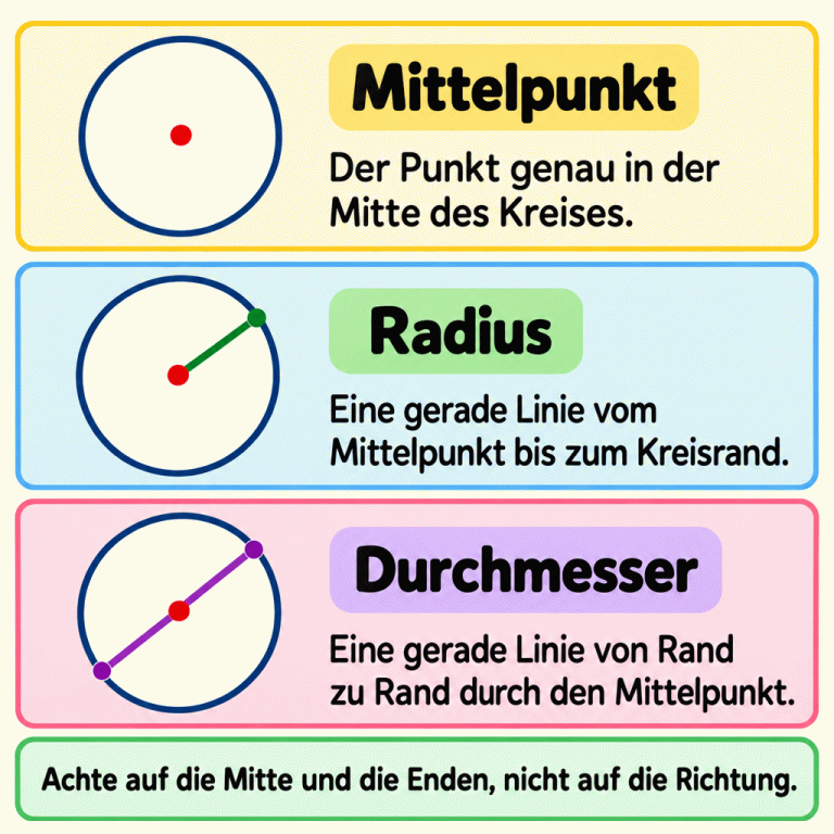 Drei Kreisskizzen erklären die Kreisbestandteile. Der Mittelpunkt ist der Punkt genau in der Mitte. Der Radius ist eine gerade Linie vom Mittelpunkt bis zum Kreisrand. Der Durchmesser ist eine gerade Linie von Rand zu Rand durch den Mittelpunkt. Entscheidend sind die Mitte und die Linienenden, nicht die Richtung. Mittelpunkt: Der Punkt genau in der Mitte des Kreises. Radius: Eine gerade Linie vom Mittelpunkt bis zum Kreisrand. Durchmesser: Eine gerade Linie von Rand zu Rand durch den Mittelpunkt. Achte auf die Mitte und die Enden, nicht auf die Richtung.
