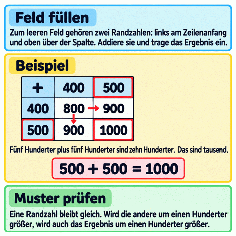Ein kleines Beispiel einer Additionstabelle mit den Randzahlen 400 und 500 oben und links. Die inneren Summen sind 800, 900, 900 und 1000. Markiert sind die beiden Randzahlen 500 und ihr Schnittpunkt mit 1000. Darunter steht die Rechnung 500 + 500 = 1000: Fünf Hunderter plus fünf Hunderter sind zehn Hunderter, also tausend. Pfeile zeigen Hunderterschritte nach rechts und nach unten. Für jedes leere Feld werden seine beiden Randzahlen addiert und die Summe eingetragen. Feld füllen: Zum leeren Feld gehören zwei Randzahlen: links am Zeilenanfang und oben über der Spalte. Addiere sie und trage das Ergebnis ein. Beispiel: Fünf Hunderter plus fünf Hunderter sind zehn Hunderter. Das sind tausend. Muster prüfen: Eine Randzahl bleibt gleich. Wird die andere um einen Hunderter größer, wird auch das Ergebnis um einen Hunderter größer. + 400 500 800 900 1000 =