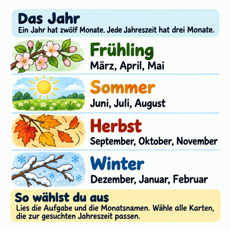 Vier Jahreszeiten mit kleinen Naturbildern und ihren Monaten: Frühling mit März, April, Mai; Sommer mit Juni, Juli, August; Herbst mit September, Oktober, November; Winter mit Dezember, Januar, Februar. Ein Jahr hat zwölf Monate, jede Jahreszeit drei. Lies die Aufgabe und die Monatsnamen. Wähle alle angebotenen Karten, die zur gesuchten Jahreszeit gehören. Das Jahr: Ein Jahr hat zwölf Monate. Jede Jahreszeit hat drei Monate. So wählst du aus: Lies die Aufgabe und die Monatsnamen. Wähle alle Karten, die zur gesuchten Jahreszeit passen. Frühling März, April, Mai Sommer Juni, Juli, August Herbst September, Oktober, November Winter Dezember, Januar, Februar