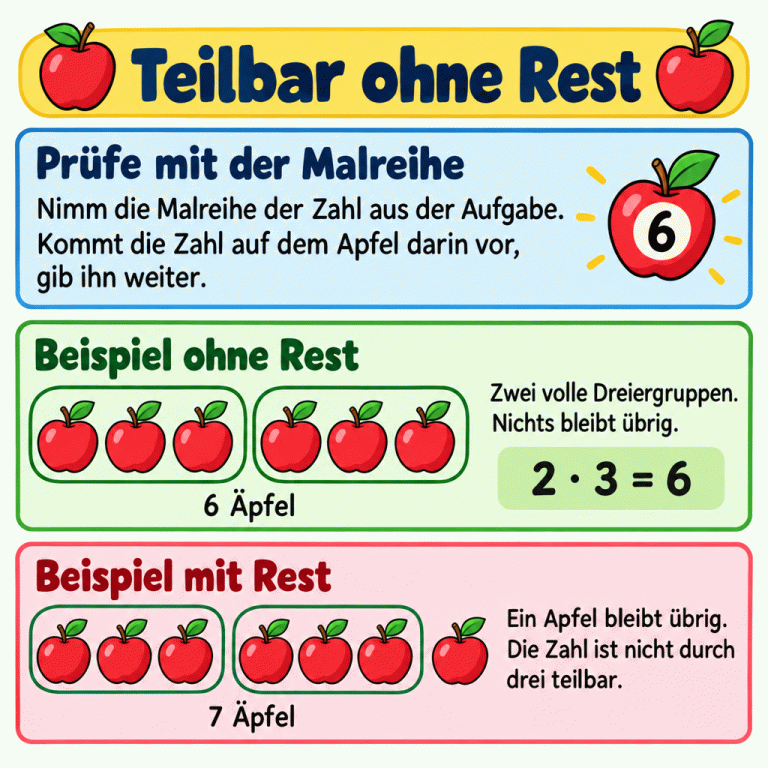 Lernkarte zur Teilbarkeit ohne Rest. Prüfe die Zahl auf dem Apfel mit der Malreihe der Zahl aus der Aufgabe. Zwei Beispiele zeigen das Teilen durch drei: Sechs Äpfel bilden zwei volle Dreiergruppen, nichts bleibt übrig. Zwei mal drei ist sechs. Bei sieben Äpfeln bleibt nach zwei vollen Dreiergruppen ein Apfel übrig. Sieben ist nicht durch drei teilbar. Gib den Apfel weiter, dessen Zahl in der passenden Malreihe vorkommt. Teilbar ohne Rest Prüfe mit der Malreihe: Nimm die Malreihe der Zahl aus der Aufgabe. Kommt die Zahl auf dem Apfel darin vor, gib ihn weiter. Beispiel ohne Rest: Zwei volle Dreiergruppen. Nichts bleibt übrig. Beispiel mit Rest: Ein Apfel bleibt übrig. Die Zahl ist nicht durch drei teilbar. 6 Äpfel 2 · 3 = 6 7 Äpfel 6