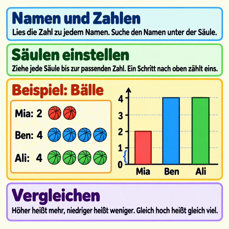 Anleitung zum Säulendiagramm: Namen und Zahlen zuordnen, passende Säulenhöhen einstellen und Höhen vergleichen. Im Ball-Beispiel hat Mia zwei Bälle, Ben und Ali haben jeweils vier. Alle Säulen beginnen bei null auf einer Skala in Einerschritten. Mias Säule reicht bis zwei, die beiden anderen bis vier. Höher bedeutet mehr; gleich hohe Säulen zeigen gleich viel. Namen und Zahlen: Lies die Zahl zu jedem Namen. Suche den Namen unter der Säule. Säulen einstellen: Ziehe jede Säule bis zur passenden Zahl. Ein Schritt nach oben zählt eins. Vergleichen: Höher heißt mehr, niedriger heißt weniger. Gleich hoch heißt gleich viel. Beispiel: Bälle Mia Ben Ali 1 2 3 4 : : :
