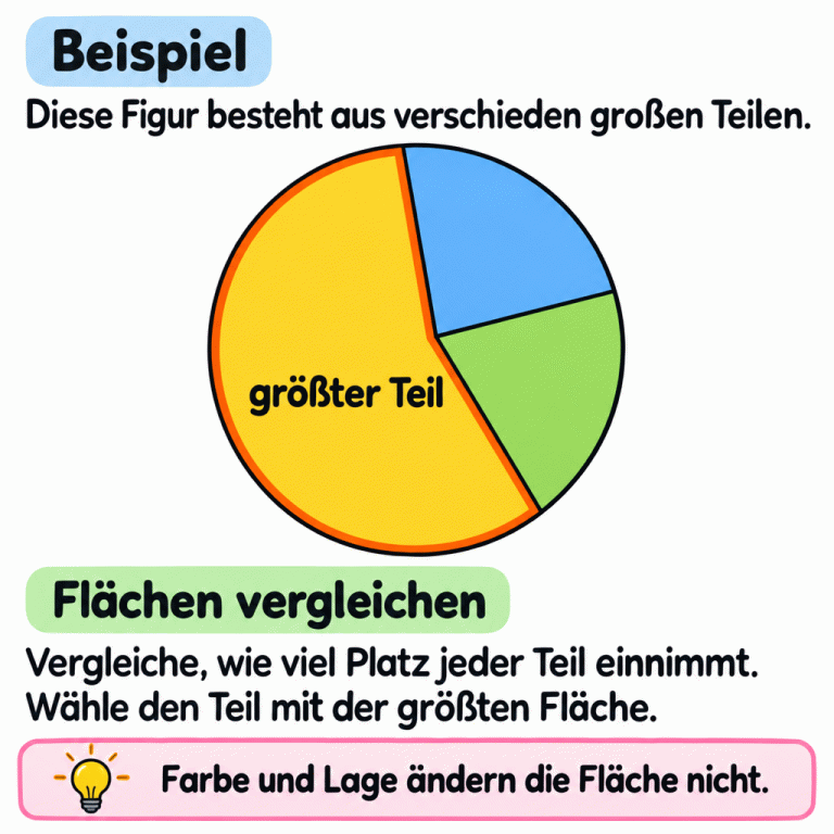 Ein Beispielkreis besteht aus drei verschieden großen Teilen. Der größte Teil ist mit „größter Teil“ beschriftet. Vergleiche, wie viel Platz jeder Teil einnimmt, und wähle den Teil mit der größten Fläche. Farbe und Lage ändern die Fläche nicht. Beispiel: Diese Figur besteht aus verschieden großen Teilen. Flächen vergleichen: Vergleiche, wie viel Platz jeder Teil einnimmt. Wähle den Teil mit der größten Fläche. Farbe und Lage ändern die Fläche nicht. größter Teil