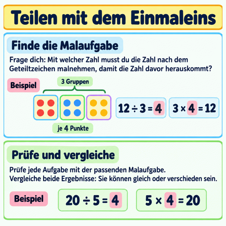 Zwei Beispiele zeigen, wie Teilen und Malnehmen zusammengehören. Zwölf Punkte bilden drei Gruppen mit je vier Punkten: 12 ÷ 3 = 4 und 3 × 4 = 12. Das zweite Beispiel lautet 20 ÷ 5 = 4 und 5 × 4 = 20. Prüfe jede Aufgabe mit der passenden Malaufgabe und vergleiche beide Ergebnisse. Sie können gleich oder verschieden sein. Teilen mit dem Einmaleins Finde die Malaufgabe: Frage dich: Mit welcher Zahl musst du die Zahl nach dem Geteiltzeichen malnehmen, damit die Zahl davor herauskommt? Prüfe und vergleiche: Prüfe jede Aufgabe mit der passenden Malaufgabe. Vergleiche beide Ergebnisse: Sie können gleich oder verschieden sein. Beispiel 3 Gruppen je 4 Punkte 12 ÷ 3 = 4 3 × 4 = 12 20 ÷ 5 = 4 5 × 4 = 20