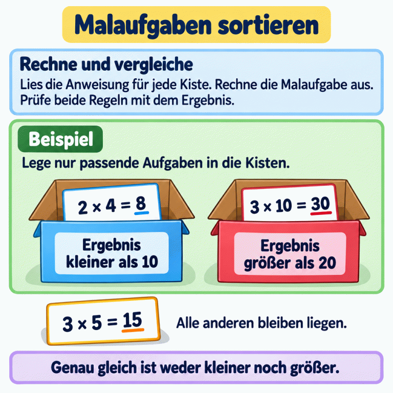 Ein Lehrbeispiel zum Sortieren von Malaufgaben. Eine Kiste ist mit Ergebnis kleiner als 10 beschriftet und enthält die Aufgabe 2 × 4 = 8. Die andere Kiste trägt die Regel Ergebnis größer als 20 und enthält 3 × 10 = 30. Die Karte 3 × 5 = 15 bleibt außerhalb der Kisten, weil 15 zwischen den beiden Grenzen liegt. Die Anleitung erklärt: Anweisung lesen, Malaufgabe ausrechnen und beide Regeln mit dem Ergebnis prüfen. Genau gleich ist weder kleiner noch größer. Malaufgaben sortieren Rechne und vergleiche: Lies die Anweisung für jede Kiste. Rechne die Malaufgabe aus. Prüfe beide Regeln mit dem Ergebnis. Beispiel: Lege nur passende Aufgaben in die Kisten. Alle anderen bleiben liegen. Genau gleich ist weder kleiner noch größer. Ergebnis kleiner als 10 Ergebnis größer als 20 2 × 4 = 8 3 × 10 = 30 3 × 5 = 15