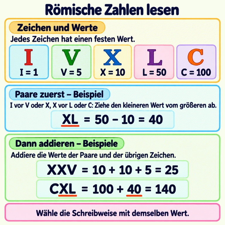 Die Lernkarte zeigt die festen Werte I gleich 1, V gleich 5, X gleich 10, L gleich 50 und C gleich 100. Bei I vor V oder X und X vor L oder C wird der kleinere Wert vom größeren abgezogen. Beispiel: XL bedeutet 50 minus 10, also 40. Danach werden die Paarwerte und die übrigen Zeichenwerte addiert: XXV ergibt 25, CXL ergibt 140. Gesucht ist die Schreibweise mit demselben Zahlenwert. Römische Zahlen lesen Zeichen und Werte: Jedes Zeichen hat einen festen Wert. Paare zuerst – Beispiel: I vor V oder X, X vor L oder C: Ziehe den kleineren Wert vom größeren ab. Dann addieren – Beispiele: Addiere die Werte der Paare und der übrigen Zeichen. Wähle die Schreibweise mit demselben Wert. I = 1 V = 5 X = 10 L = 50 C = 100 XL = 50 − 10 = 40 XXV = 10 + 10 + 5 = 25 CXL = 100 + 40 = 140 I V X L C