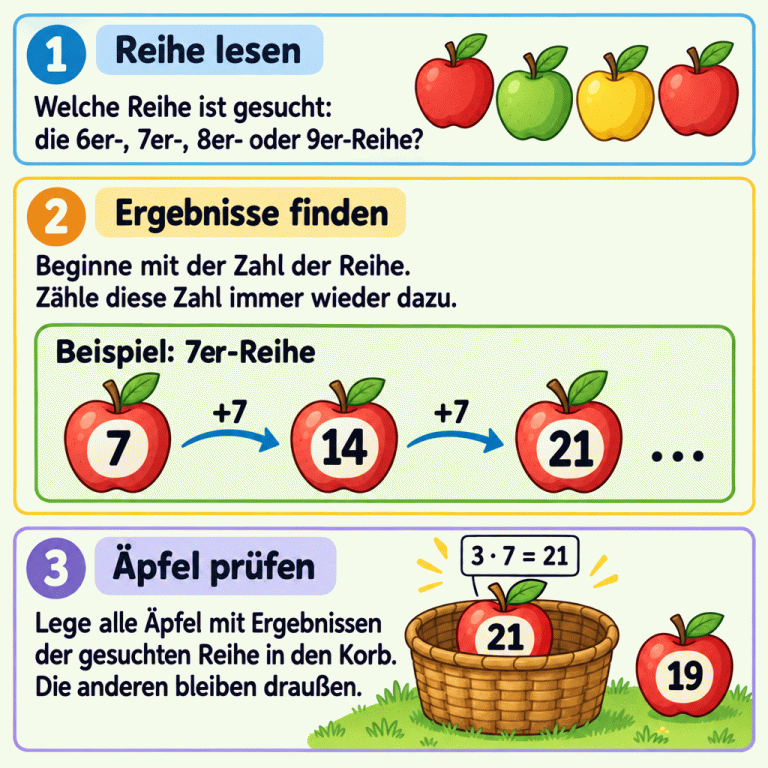 Lies zuerst, ob die 6er-, 7er-, 8er- oder 9er-Reihe gesucht ist. Beginne mit der Zahl der Reihe und zähle sie immer wieder dazu. Das Beispiel zur 7er-Reihe zeigt 7, 14, 21 und die Fortsetzung in Schritten von 7. Drei mal 7 ergibt 21. Deshalb wird im Beispiel der Apfel mit 21 gesammelt; der Apfel mit 19 bleibt draußen. Prüfe in deiner Aufgabe alle Apfelzahlen. Reihe lesen: Welche Reihe ist gesucht: die 6er-, 7er-, 8er- oder 9er-Reihe? Ergebnisse finden: Beginne mit der Zahl der Reihe. Zähle diese Zahl immer wieder dazu. Äpfel prüfen: Lege alle Äpfel mit Ergebnissen der gesuchten Reihe in den Korb. Die anderen bleiben draußen. Beispiel: 7er-Reihe 7 14 21 +7 … 3 · 7 = 21 19 1 2 3