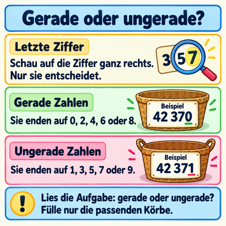 Die letzte Ziffer ganz rechts entscheidet: Gerade Zahlen enden auf 0, 2, 4, 6 oder 8; ungerade Zahlen auf 1, 3, 5, 7 oder 9. Zwei Beispielkörbe zeigen 42 370 als gerade Zahl und 42 371 als ungerade Zahl. Die letzte 0 beziehungsweise 1 ist unterstrichen. Die Aufgabe gibt vor, welche Zahlenart gesucht ist und welche Körbe gefüllt werden. Gerade oder ungerade? Letzte Ziffer: Schau auf die Ziffer ganz rechts. Nur sie entscheidet. Gerade Zahlen: Sie enden auf 0, 2, 4, 6 oder 8. Ungerade Zahlen: Sie enden auf 1, 3, 5, 7 oder 9. Lies die Aufgabe: gerade oder ungerade? Fülle nur die passenden Körbe. Beispiel 42 370 42 371 357 !