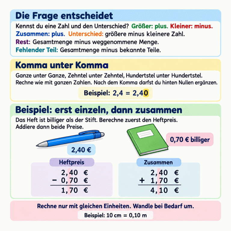 Die Lernkarte erklärt die Rechenwahl: Bei bekanntem Unterschied wird für die größere Zahl addiert und für die kleinere subtrahiert. Für Summen rechnest du plus. Für einen Unterschied ziehst du die kleinere Zahl von der größeren ab. Für einen Rest ziehst du die weggenommene Menge, für einen fehlenden Teil die bekannten Teile von der Gesamtmenge ab. Gleiche Stellen und Kommas stehen untereinander. Im Beispiel kostet ein Stift 2,40 Euro. Das Heft ist 0,70 Euro billiger und kostet deshalb 1,70 Euro. Beide kosten zusammen 4,10 Euro. 2,4 und 2,40 haben denselben Wert. 10 Zentimeter sind 0,10 Meter. Die Frage entscheidet: Kennst du eine Zahl und den Unterschied? Größer: plus. Kleiner: minus. Zusammen: plus. Unterschied: größere minus kleinere Zahl. Rest: Gesamtmenge minus weggenommene Menge. Fehlender Teil: Gesamtmenge minus bekannte Teile. Komma unter Komma: Ganze unter Ganze, Zehntel unter Zehntel, Hundertstel unter Hundertstel. Rechne wie mit ganzen Zahlen. Nach dem Komma darfst du hinten Nullen ergänzen. Beispiel: erst einzeln, dann zusammen: Das Heft ist billiger als der Stift. Berechne zuerst den Heftpreis. Addiere dann beide Preise. Rechne nur mit gleichen Einheiten. Wandle bei Bedarf um. Beispiel: 2,4 = 2,40 2,40 € 0,70 € billiger 0,70 € 1,70 € 4,10 € − + Heftpreis Zusammen Beispiel: 10 cm = 0,10 m