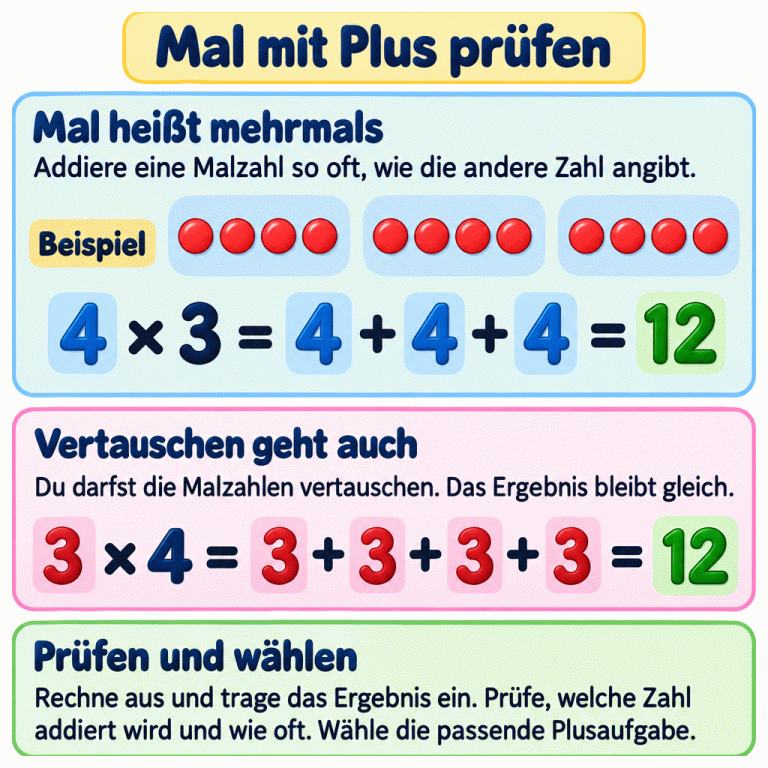 Beispiel mit drei Gruppen zu je vier Punkten: Vier mal drei und vier plus vier plus vier ergeben zwölf. Vertauscht ergeben drei mal vier und drei plus drei plus drei plus drei ebenfalls zwölf. Die Karte erklärt, wie du die wiederholte Zahl und ihre Anzahl prüfst, das Ergebnis einträgst und die passende Plusaufgabe wählst. Mal mit Plus prüfen Mal heißt mehrmals: Addiere eine Malzahl so oft, wie die andere Zahl angibt. Vertauschen geht auch: Du darfst die Malzahlen vertauschen. Das Ergebnis bleibt gleich. Prüfen und wählen: Rechne aus und trage das Ergebnis ein. Prüfe, welche Zahl addiert wird und wie oft. Wähle die passende Plusaufgabe. Beispiel 4 × 3 = 4 + 4 + 4 = 12 3 × 4 = 3 + 3 + 3 + 3 = 12