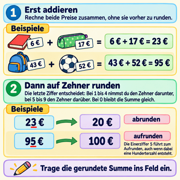 Zuerst beide Europreise addieren, dann die letzte Ziffer der Summe prüfen. Bei 1 bis 4 wird zum Zehner darunter gerundet, bei 5 bis 9 zum Zehner darüber. Bei 0 bleibt die Summe gleich. Zwei Lehrbeispiele: 6 € plus 17 € ergibt 23 €; daraus werden beim Abrunden 20 €. 43 € plus 52 € ergibt 95 €; daraus werden beim Aufrunden 100 €. In den Rundungszeilen sind die Einerziffern 3 und 5 unterstrichen. Zum Schluss die gerundete Summe ins Feld eintragen. Erst addieren: Rechne beide Preise zusammen, ohne sie vorher zu runden. Dann auf Zehner runden: Die letzte Ziffer entscheidet: Bei 1 bis 4 nimmst du den Zehner darunter, bei 5 bis 9 den Zehner darüber. Bei 0 bleibt die Summe gleich. Trage die gerundete Summe ins Feld ein. Beispiele 6 € + 17 € = 23 € 43 € + 52 € = 95 € 23 € abrunden 20 € 95 € aufrunden 100 € 1 6 € + 17 € = 43 € + 52 € = 2 Die Einerziffer 5 führt zum Aufrunden, auch wenn dabei eine Hunderterzahl entsteht.
